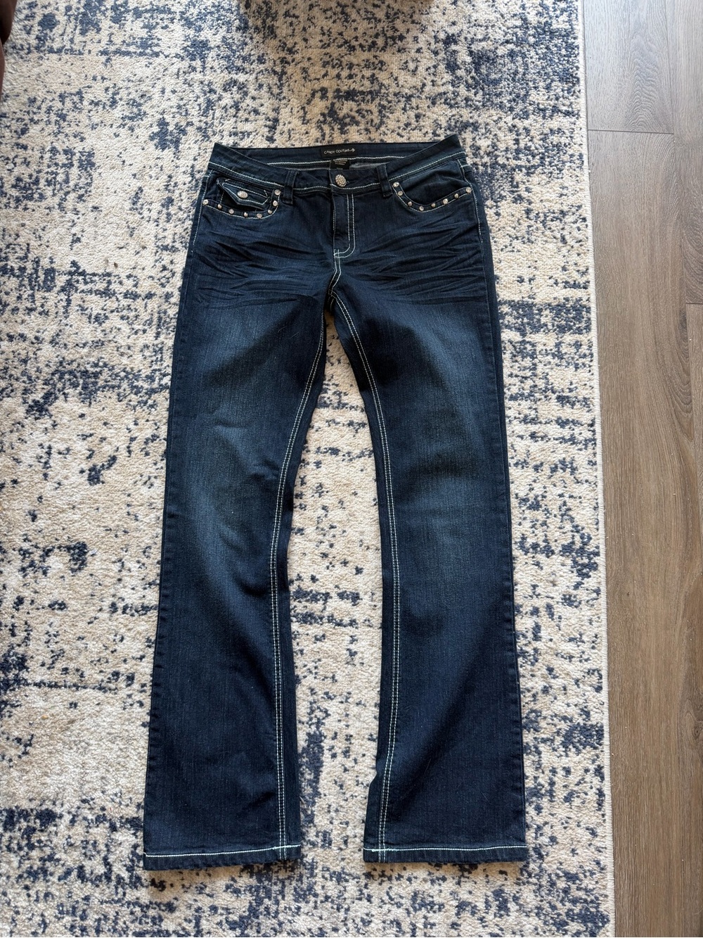 Y2k Candy Couture Dark Blue Women's Straight-Leg Jeans with Studded Pockets